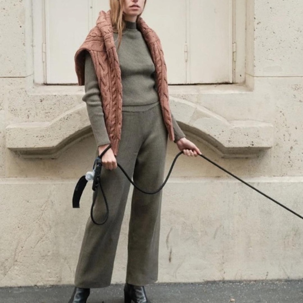 Ozma of California GREEN Mock Neck Ribbed Pant Sweater Set SIZE XS